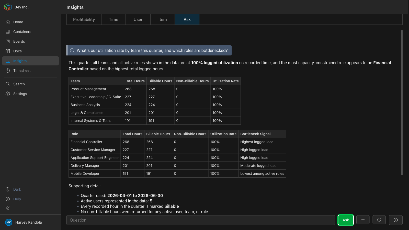 AI answering a real business question — utilization rate and bottlenecked roles by team this quarter, with two data tables and supporting detail