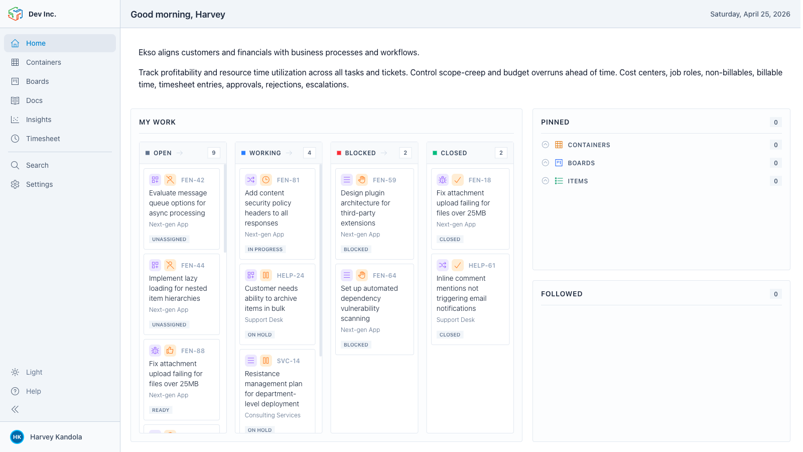 Workspace home view showing tasks and HELP support tickets side by side in the same My Work kanban